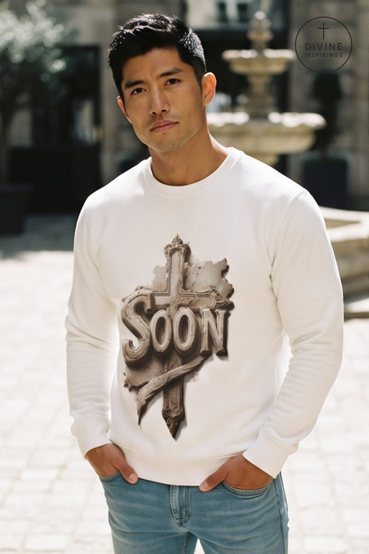 A man wearing a white long-sleeve crewneck sweatshirt with a large graphic on the front showing a cross and the word 'SOON' in a distressed brown font. He is also wearing blue jeans, standing outdoors in front of a blurred fountain background.