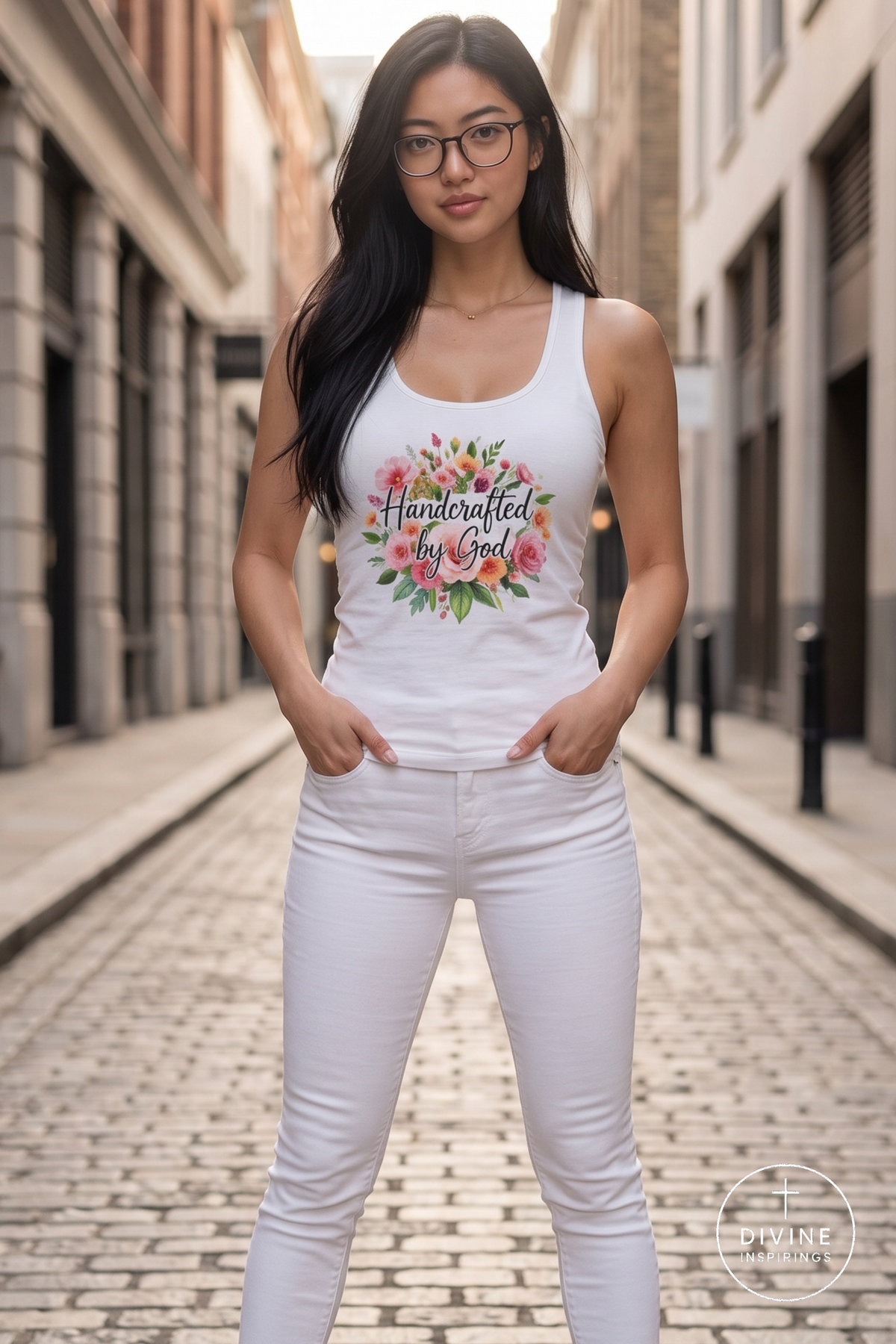 A woman wearing a white tank top with a colorful floral graphic and the text 'Handcrafted by God' paired with white jeans, standing in a cobblestone street.