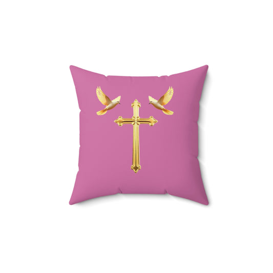 Soaring in Faith in Pink – Gold Cross & Doves Throw Pillow
