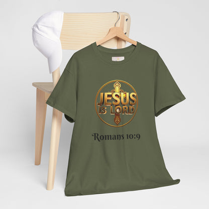 Men’s Romans 10:9 Christian T-Shirt – Jesus Is Lord & He Is Risen (Dark Lettering)