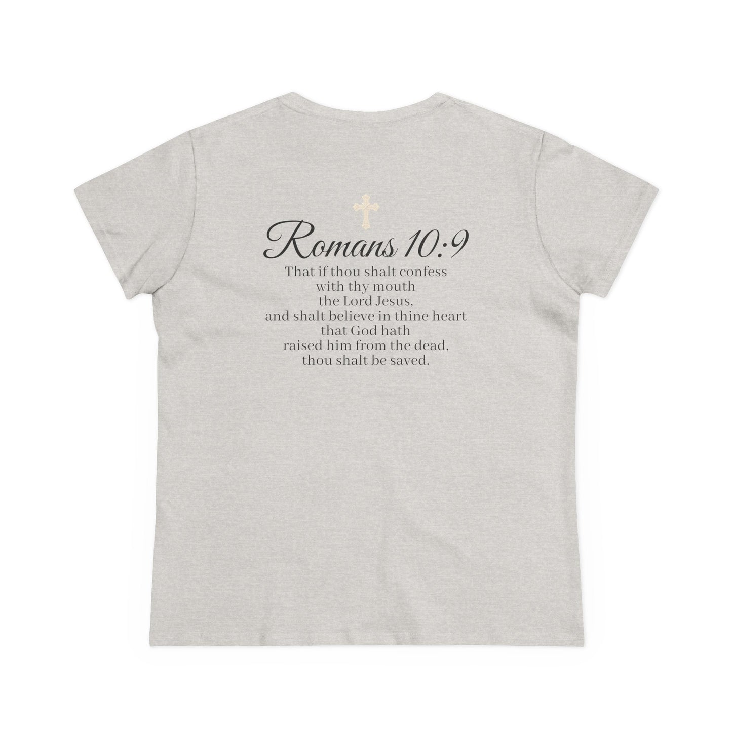 Believe – Women’s Christian Tee with Praying Hands & Romans 10:9