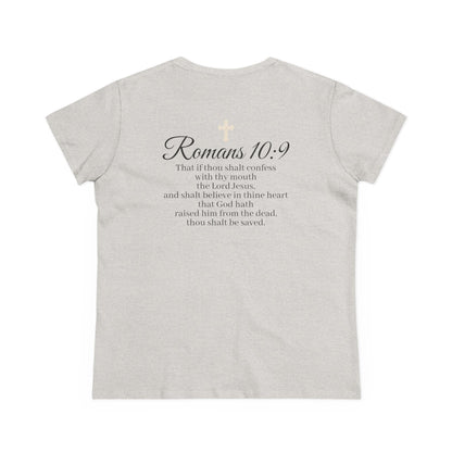 Believe – Women’s Christian Tee with Praying Hands & Romans 10:9