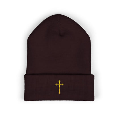 Golden Grace Cuffed Beanie – Embroidered Cross
