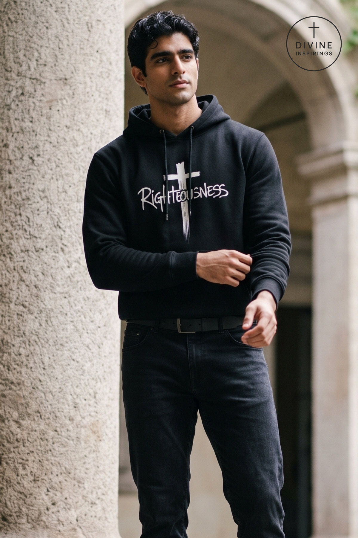 A man wearing a black pullover hoodie with a white cross and the word 'Righteousness' printed on the front, paired with black jeans, standing in front of a stone archway. A Divine Inspirings logo is visible in the top right corner.