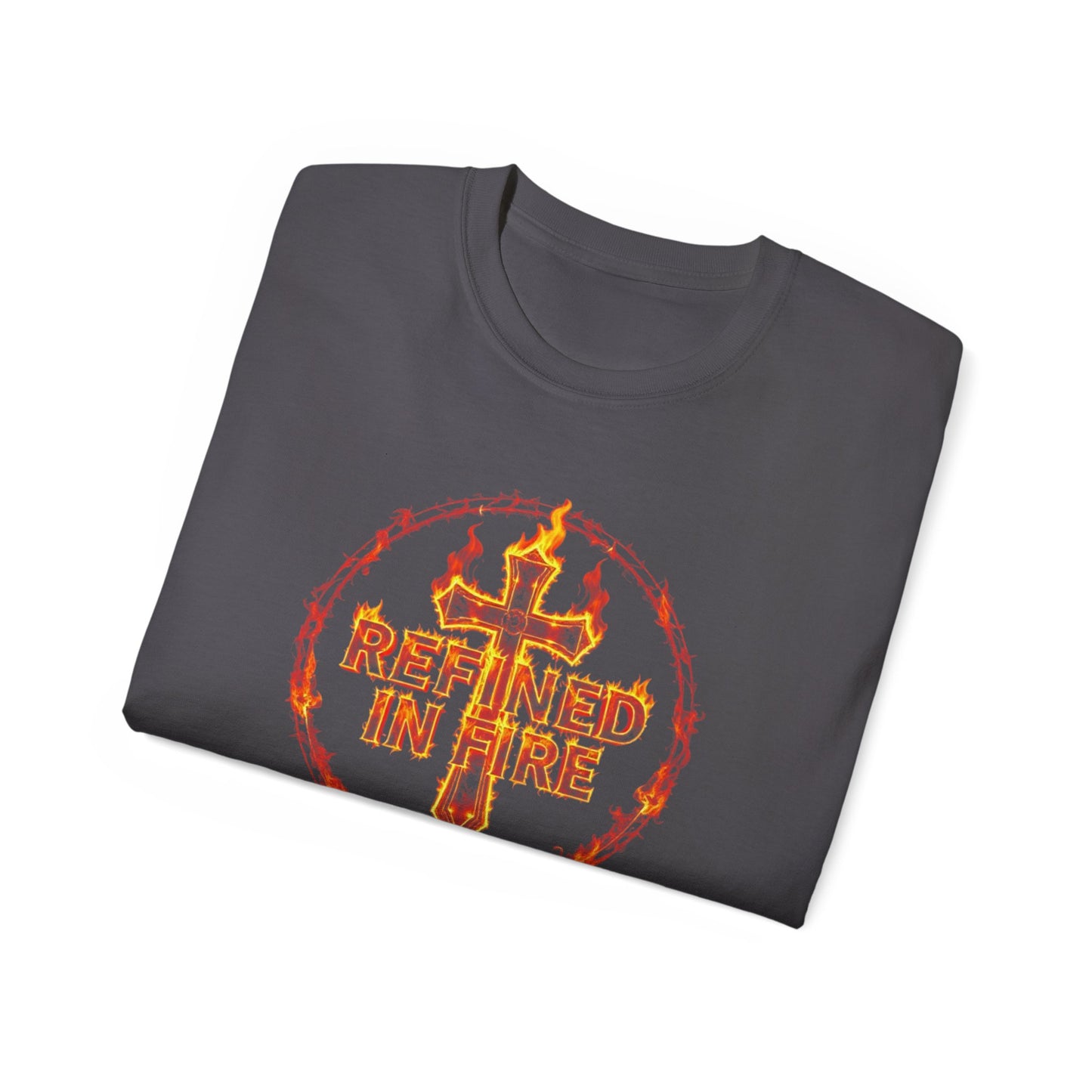Men’s “Refined in Fire” Christian T-Shirt – Flame Text Spiritual Strength Tee