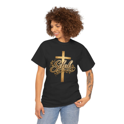 Selah Cross Tee — Women's Christian T‑Shirt with Gold Script
