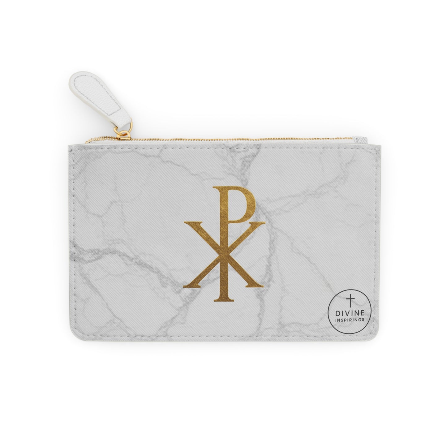 “Divine Seal” | Women’s Mini Clutch on Marble – Gold Chi Rho Elegance