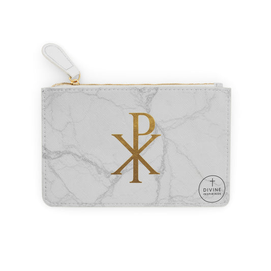 “Divine Seal” | Women’s Mini Clutch on Marble – Gold Chi Rho Elegance