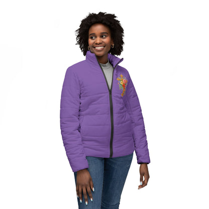 Blooming Faith Women’s Puffer Jacket in Mauve – Floral Cross Crest