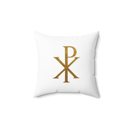 Gold Chi Rho White Square Pillow – Elegant Christian Symbol Accent