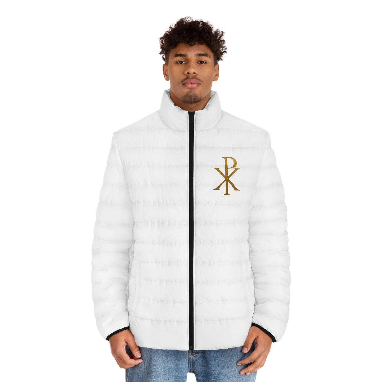 Men's White Puffer Jacket with Gold Chi Rho – Faith in Bold Contrast