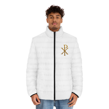 Men's White Puffer Jacket with Gold Chi Rho – Faith in Bold Contrast