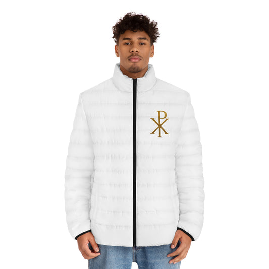 Men's White Puffer Jacket with Gold Chi Rho – Faith in Bold Contrast