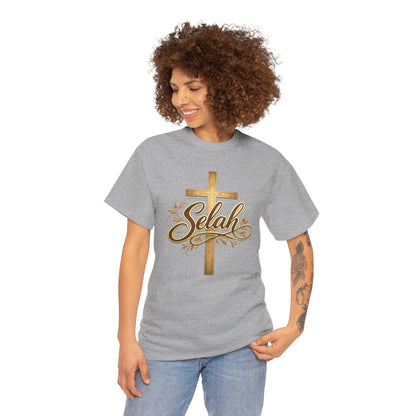 Selah Cross Tee — Women's Christian T‑Shirt with Gold Script