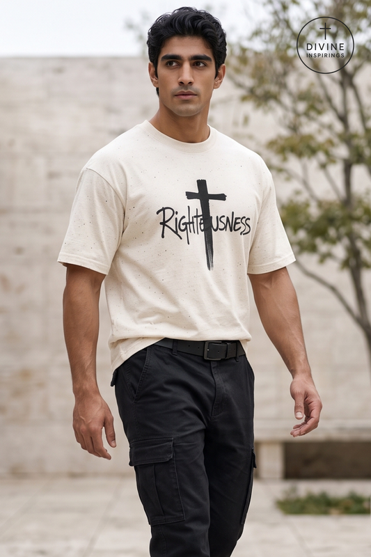 A man wearing a cream-colored t-shirt with a black cross graphic and the word 'Righteousness' printed on the front, paired with black cargo pants, standing outdoors against a stone wall.