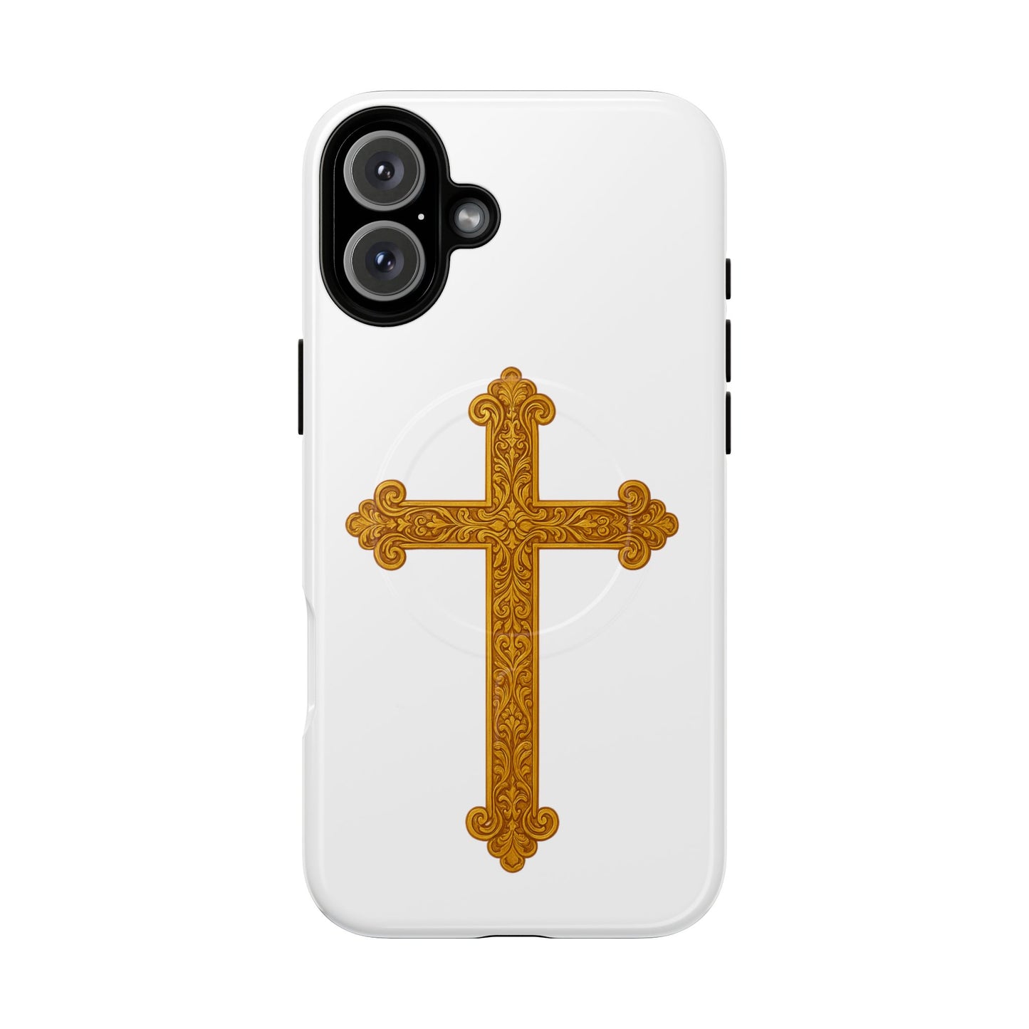 Gold Cross on White Magnetic Tough Case for iPhone – Strength in Faith