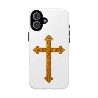 Gold Cross on White Magnetic Tough Case for iPhone – Strength in Faith