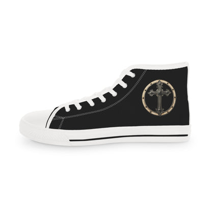 Iron Faith – Men’s High-Top Canvas Sneakers in Black with Cross & Riveted Iron Emblem