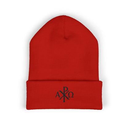 Eternal Light Cuffed Beanie – Black Chi Rho with Alpha & Omega