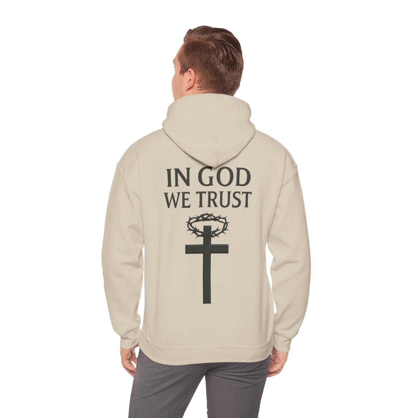 In God We Trust – Men’s Christian Hoodie with Cross & Crown of Thorns