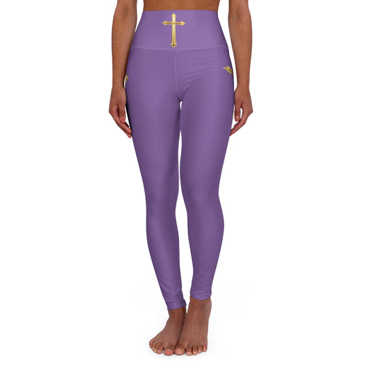 Gold Cross Women’s High-Waisted Yoga Leggings in Purple – Symbol of Eternal Victory
