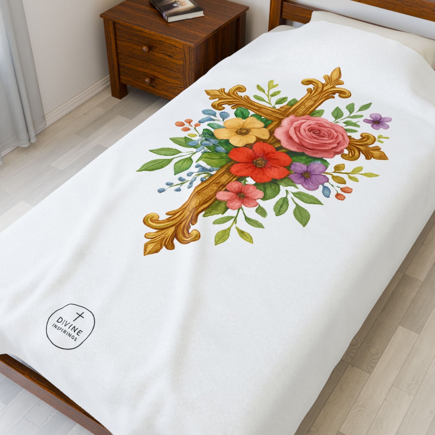 Blooming Faith Plush Blanket – Floral Cross Design