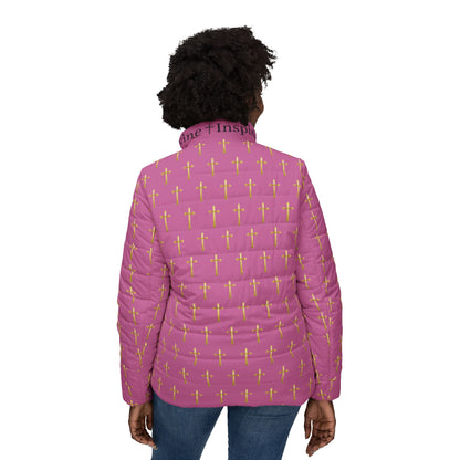 Golden Light Women’s Puffer Jacket in Pink – All-Over Cross Pattern