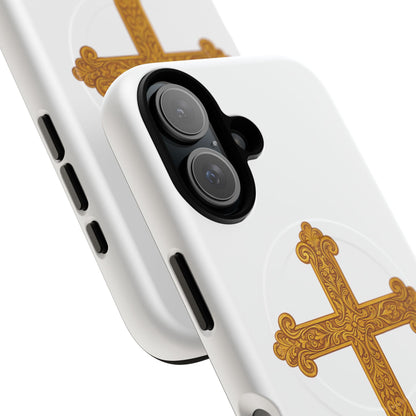 Gold Cross on White Magnetic Tough Case for iPhone – Strength in Faith