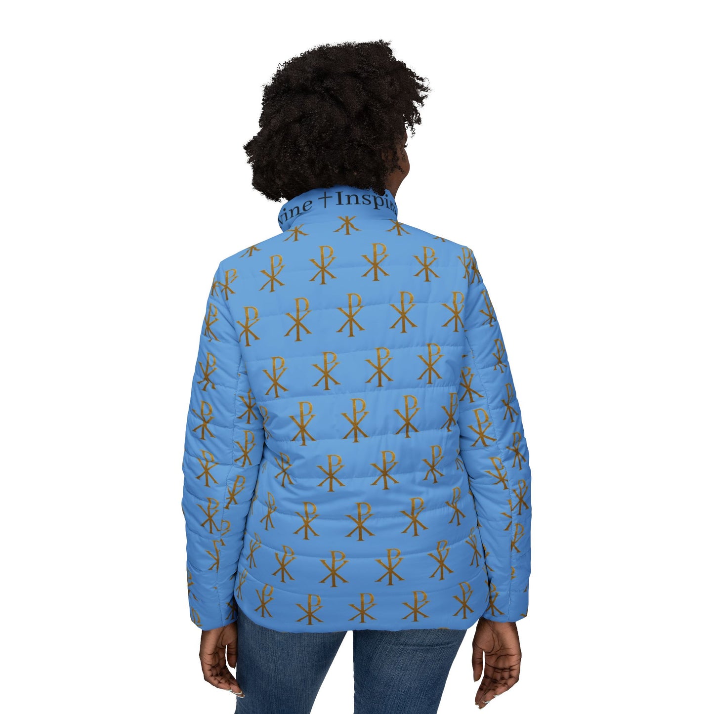 Radiant Victory Women’s Puffer Jacket in Blue – Gold Chi Rho Pattern