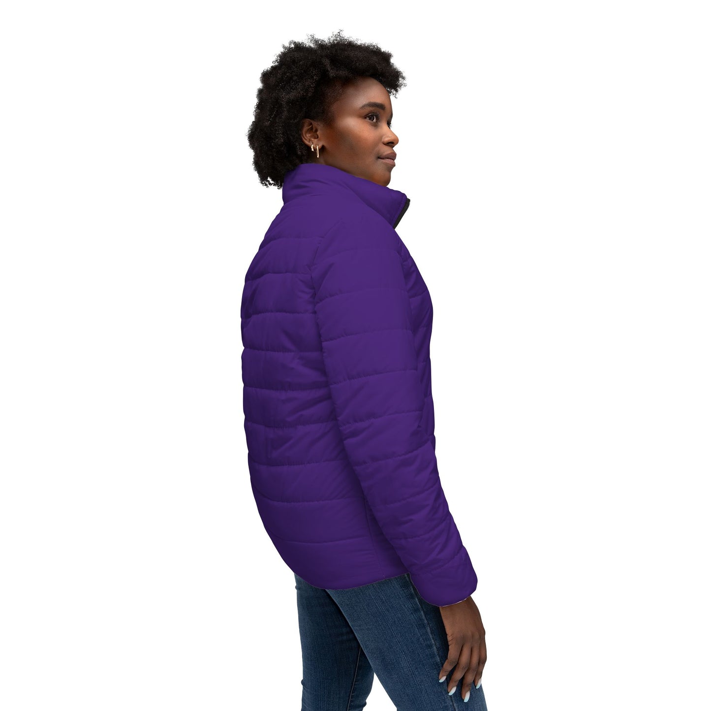 Blooming Faith Women’s Puffer Jacket in Purple – Floral Cross Crest