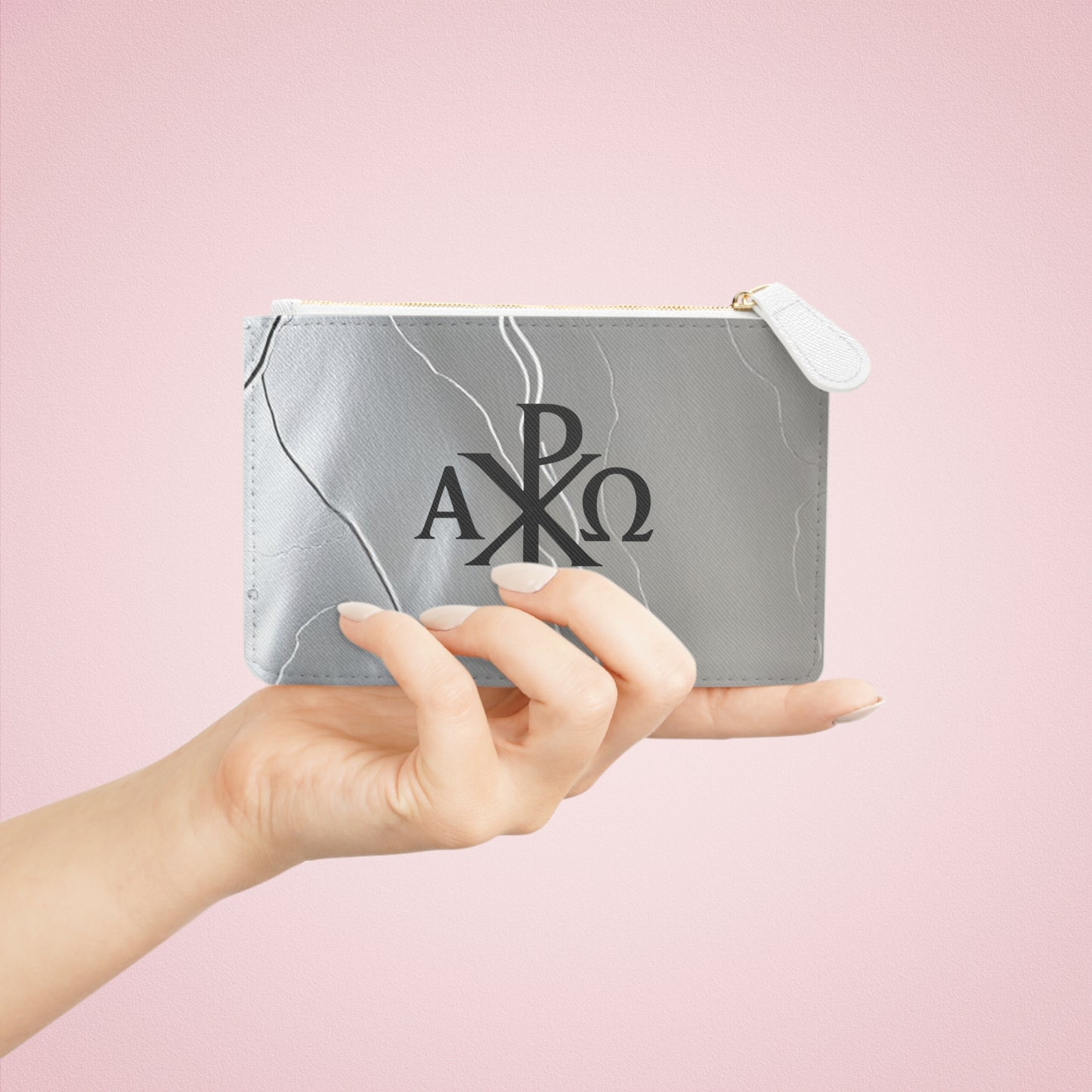 “Eternal Authority” | Women’s Mini Clutch – Black Chi Rho on Molten Silver