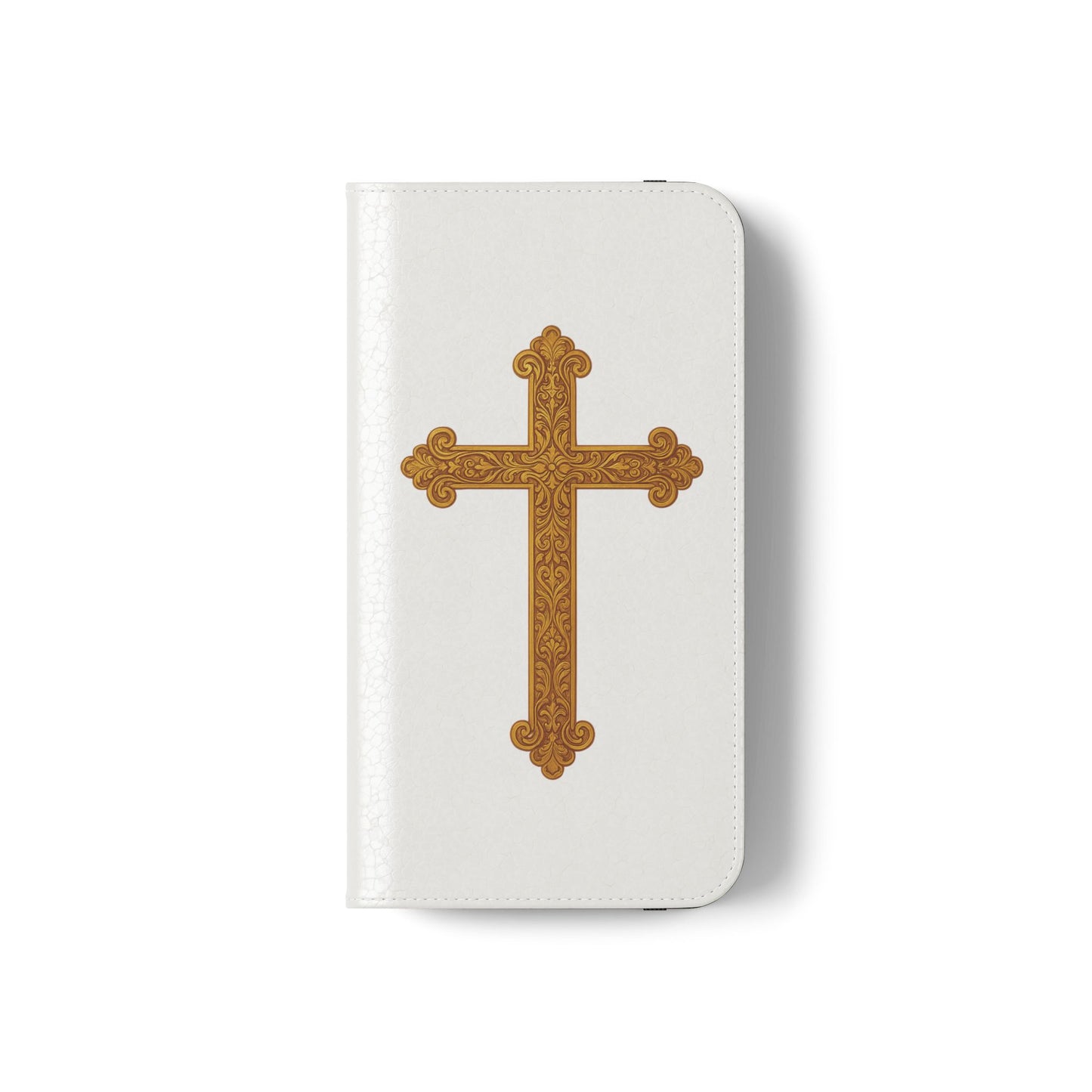 White Wallet Case – Gold Cross with 1 Corinthians 1:18 for iPhones