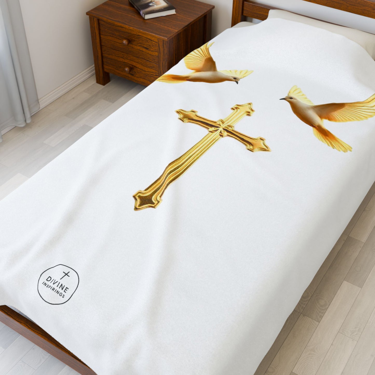 Divine Harmony Plush Blanket – Gold Cross with Doves on White