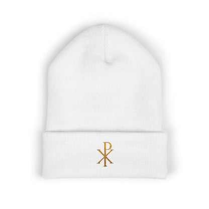 Radiant Faith Cuffed Beanie – Gold Chi Rho Embroidery