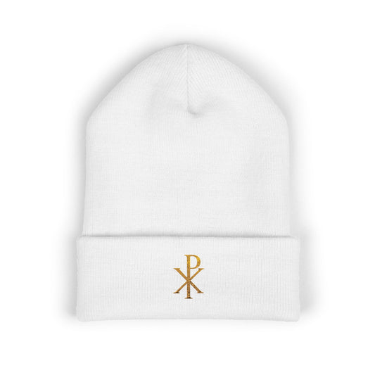 Radiant Faith Cuffed Beanie – Gold Chi Rho Embroidery