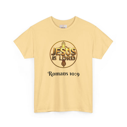 Men’s Romans 10:9 Christian T-Shirt – Jesus Is Lord & He Is Risen (Dark Lettering)