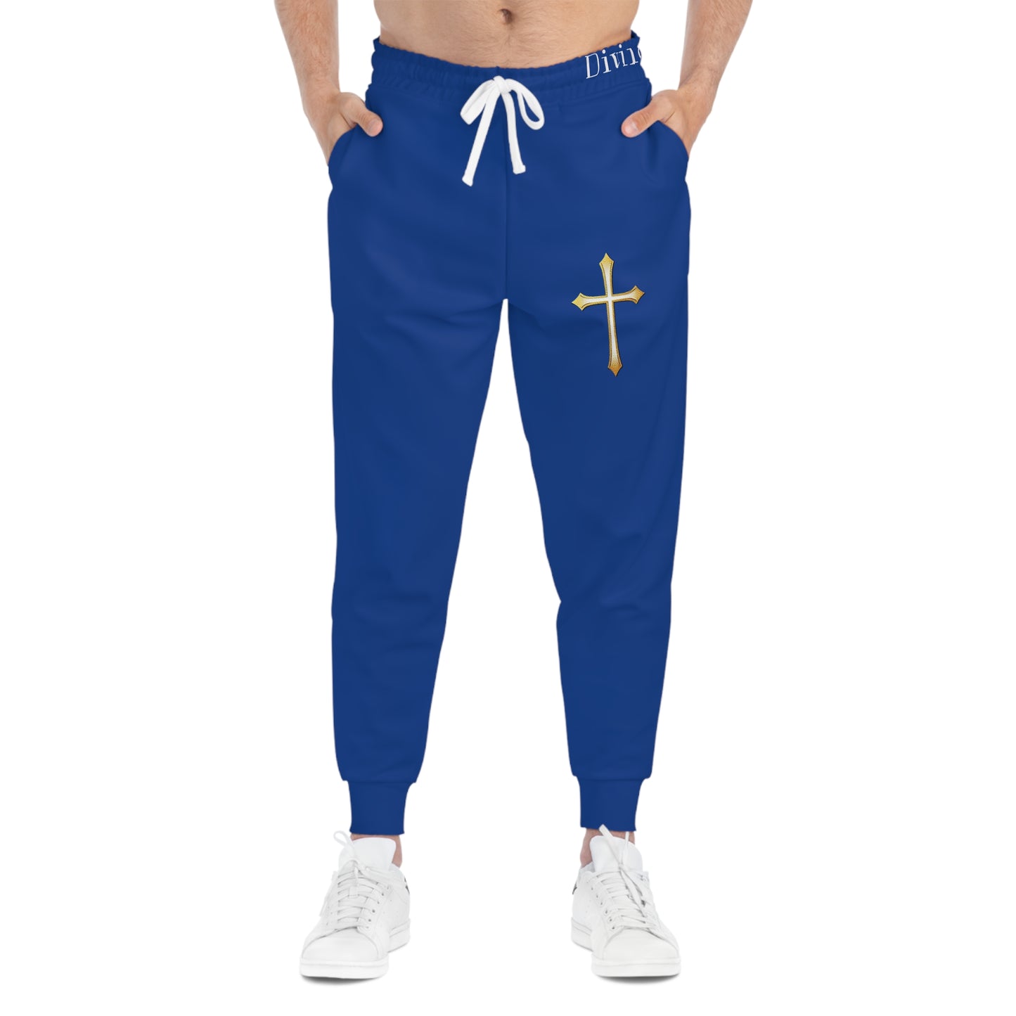 Men’s Modern Gold Cross Jogger Pants in Blue – Comfortable Faith-Inspired Style