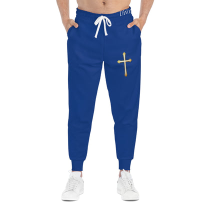 Men’s Modern Gold Cross Jogger Pants in Blue – Comfortable Faith-Inspired Style