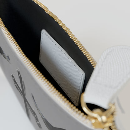 “Shadowed Faith” | Women’s Mini Clutch in Grey – Black Cross with Flanking Crows