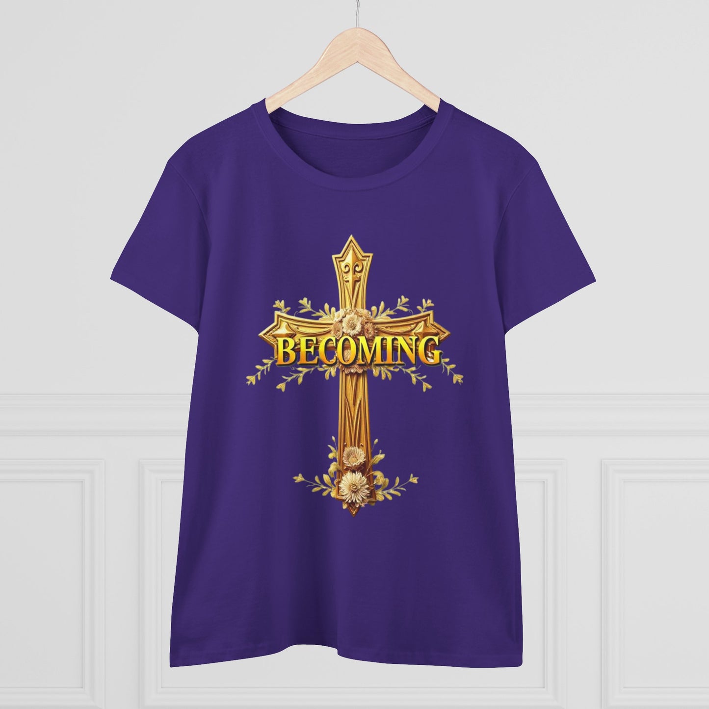 Becoming Women’s Faith Tee – Gold Cross Edition (Light Lettering, 1 Corinthians 15:49)