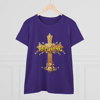 Becoming Women’s Faith Tee – Gold Cross Edition (Light Lettering, 1 Corinthians 15:49)