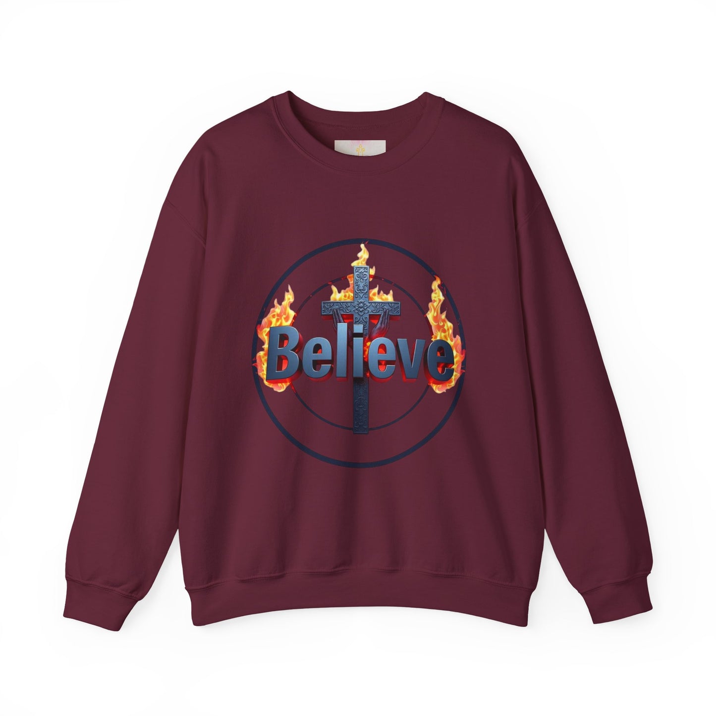 Men’s “Believe” Christian Sweatshirt – Bold Faith Pullover with Cross