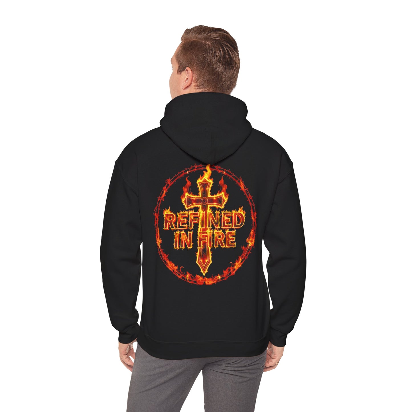 Men’s “Refined in Fire” Christian Hoodie – Flame Design Faith Pullover