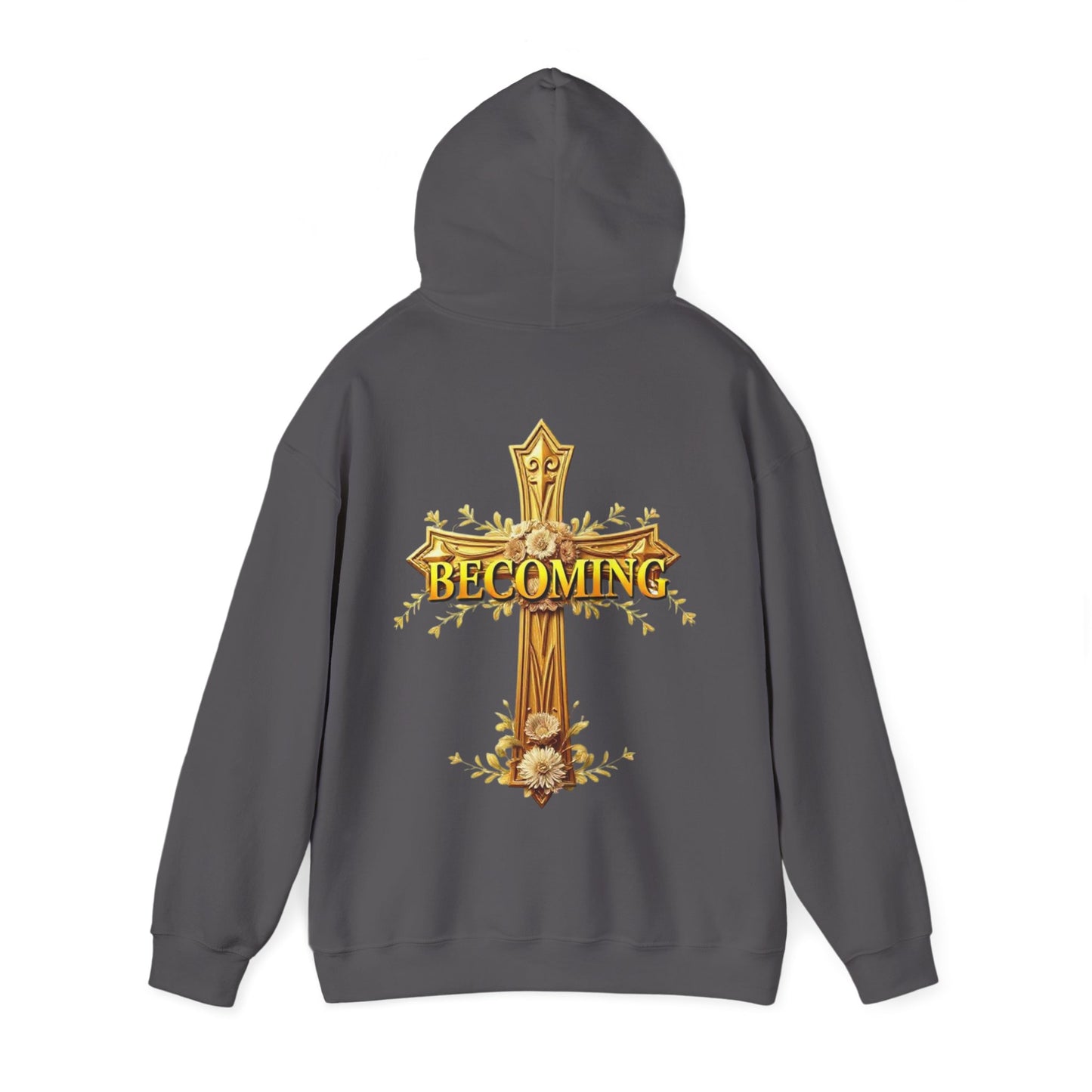 Becoming Women’s Faith Hoodie – Gold Cross Edition (1 Corinthians 15:49)
