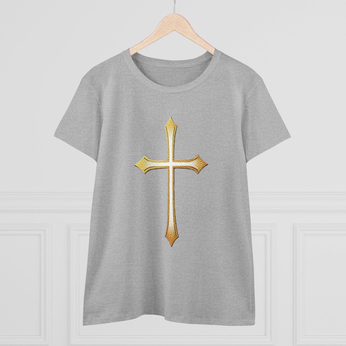 Women’s Gold Cross Tee – Christian Faith Shirt with Bold Cross Design