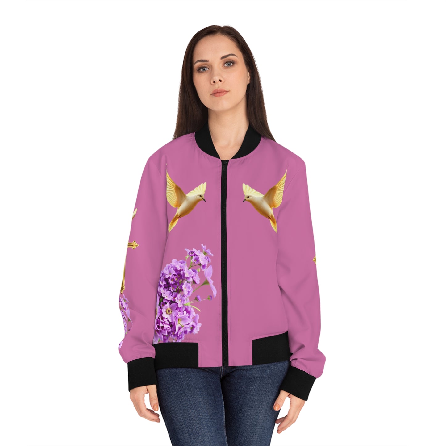 Heavenly Ascent – Gold Cross & Doves Women’s Bomber Jacket in Pink