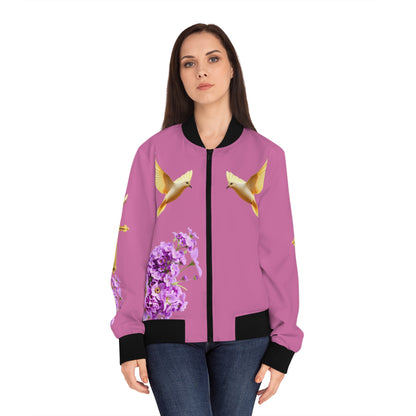 Heavenly Ascent – Gold Cross & Doves Women’s Bomber Jacket in Pink