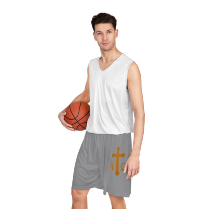 Men’s Alpha & Omega Basketball Shorts in Grey – Faith-Inspired Symbolism