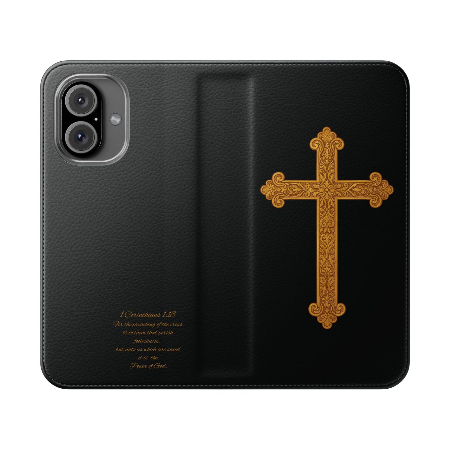 Black with Gold Cross & 1 Corinthians 1:18 - iPhone Flip/Wallet Phone Case