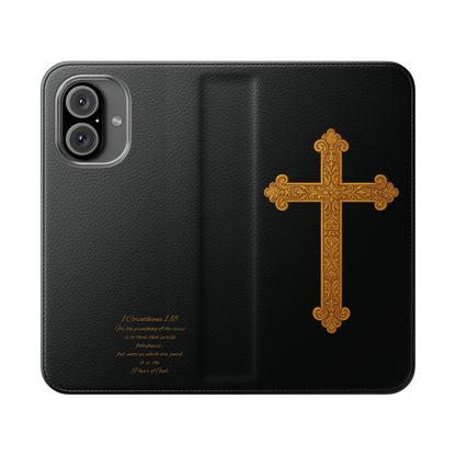 Black with Gold Cross & 1 Corinthians 1:18 - iPhone Flip/Wallet Phone Case